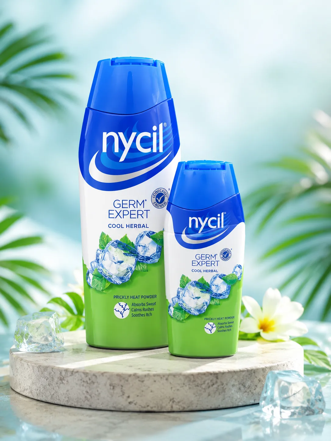 Nycil Germ Expert Cool Herbal Prickly Heat Powder premium product image with cooling herbal formula for sweat absorption, prickly heat relief, and summer skin protection.
