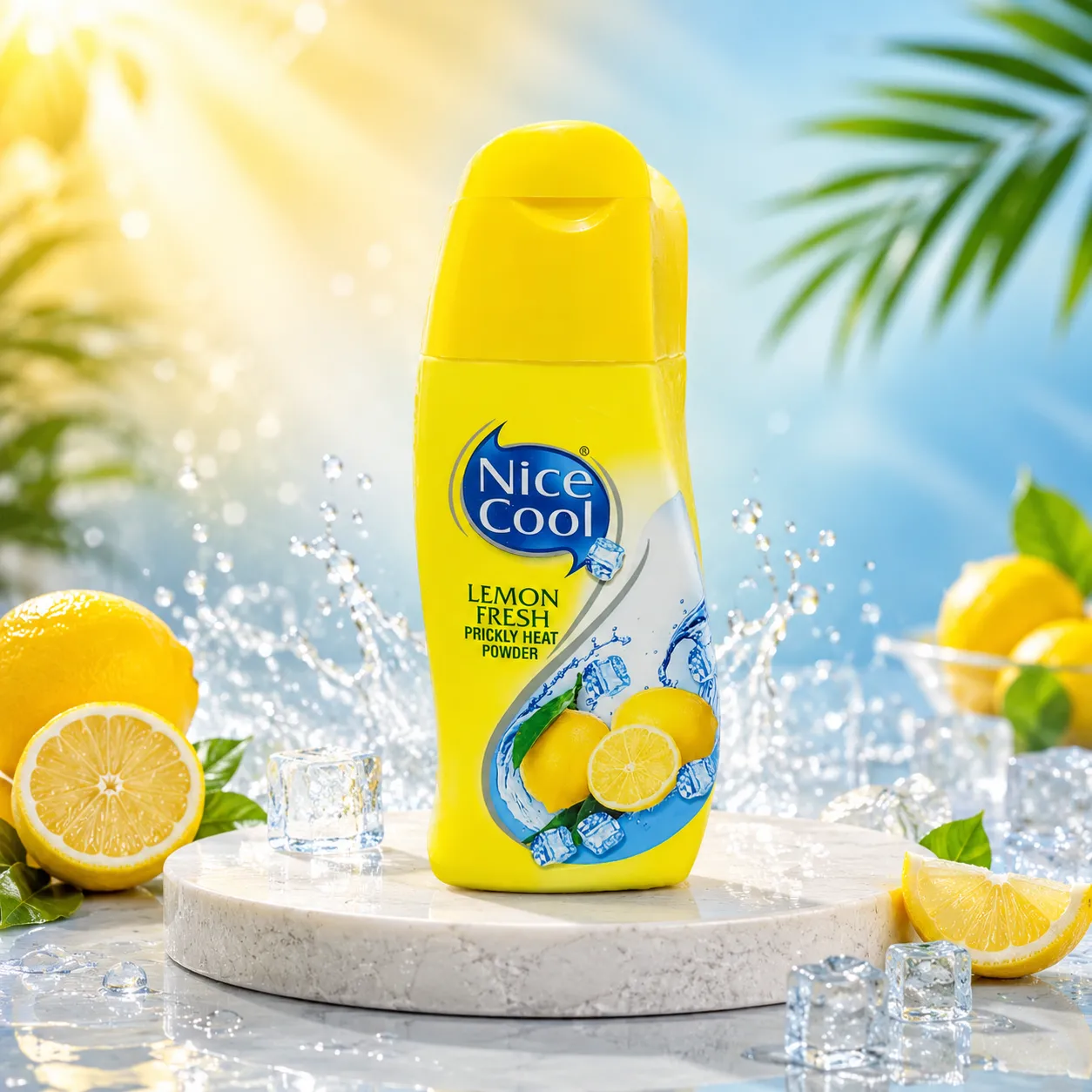 Nice Cool Lemon Fresh Prickly Heat Powder 100g premium product image for cooling relief, sweat absorption, and summer skin protection.