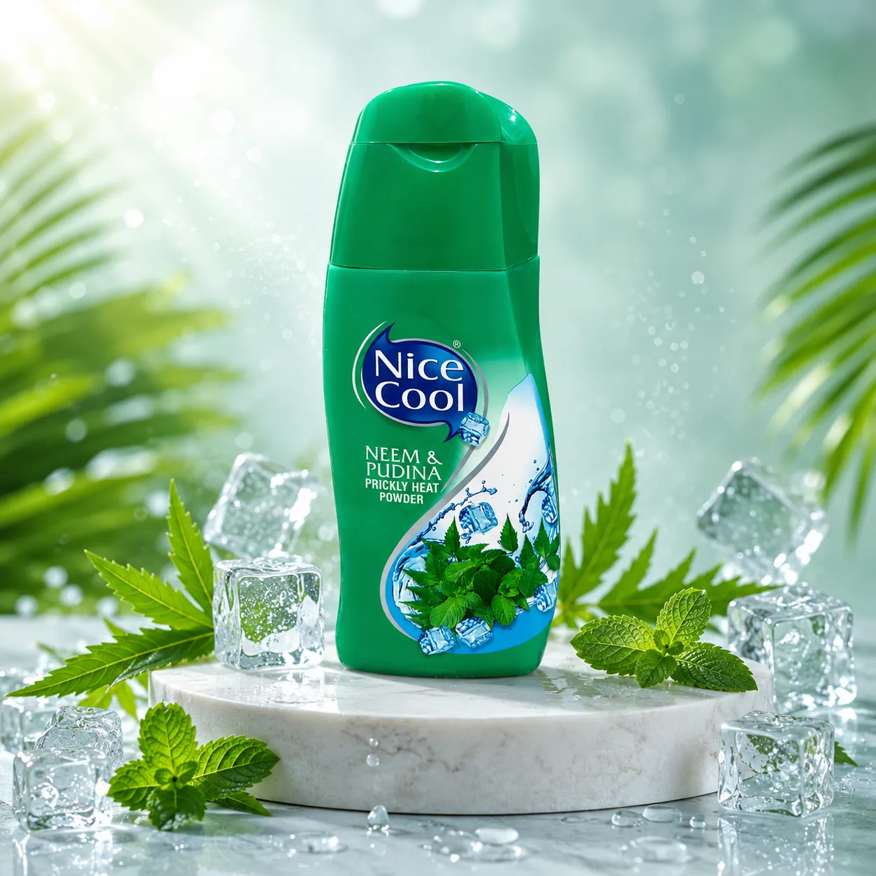 Nice Cool Neem & Pudina Prickly Heat Powder 100g premium product image with herbal cooling formula for sweat absorption and summer skin freshness.
