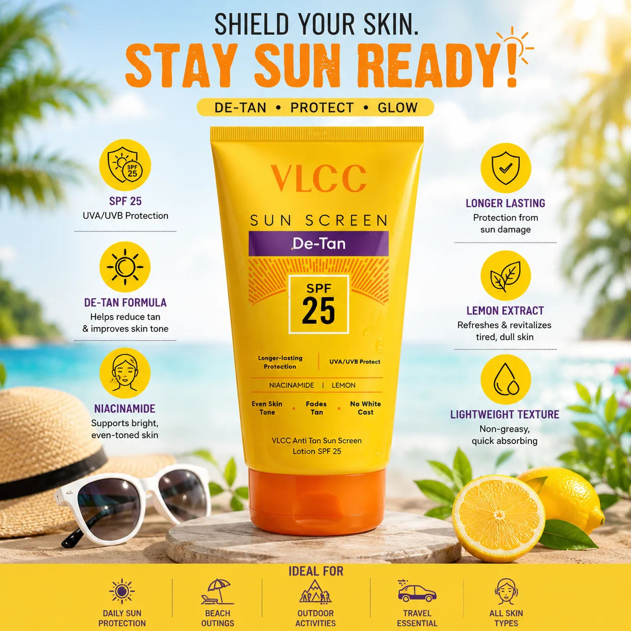 VLCC Sun Screen De-Tan Lotion SPF 25 PA+ with Niacinamide and Lemon 100g Pack of 1