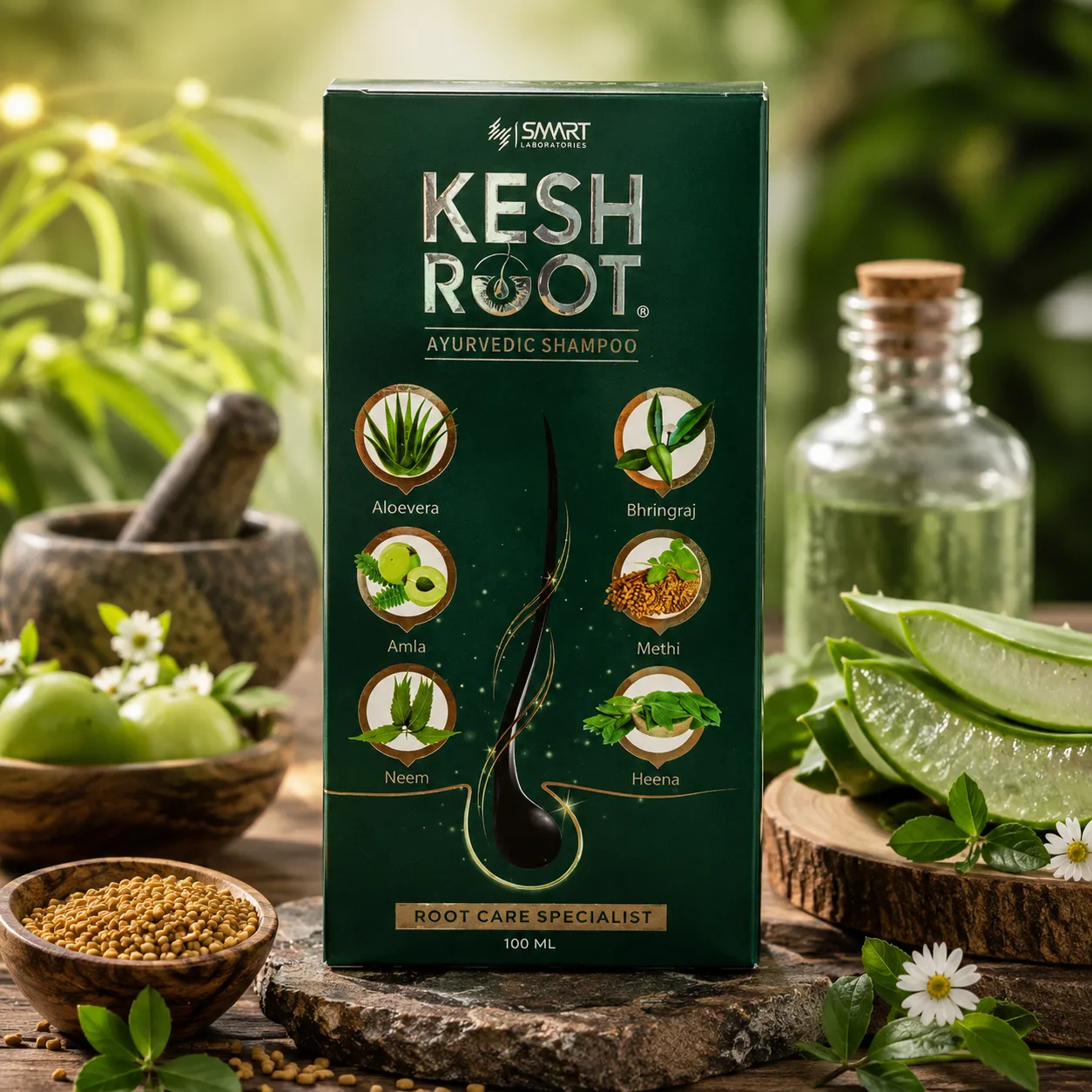 Kesh Root Ayurvedic Shampoo 100ml with Aloe Vera Amla Neem Bhringraj Methi and Heena