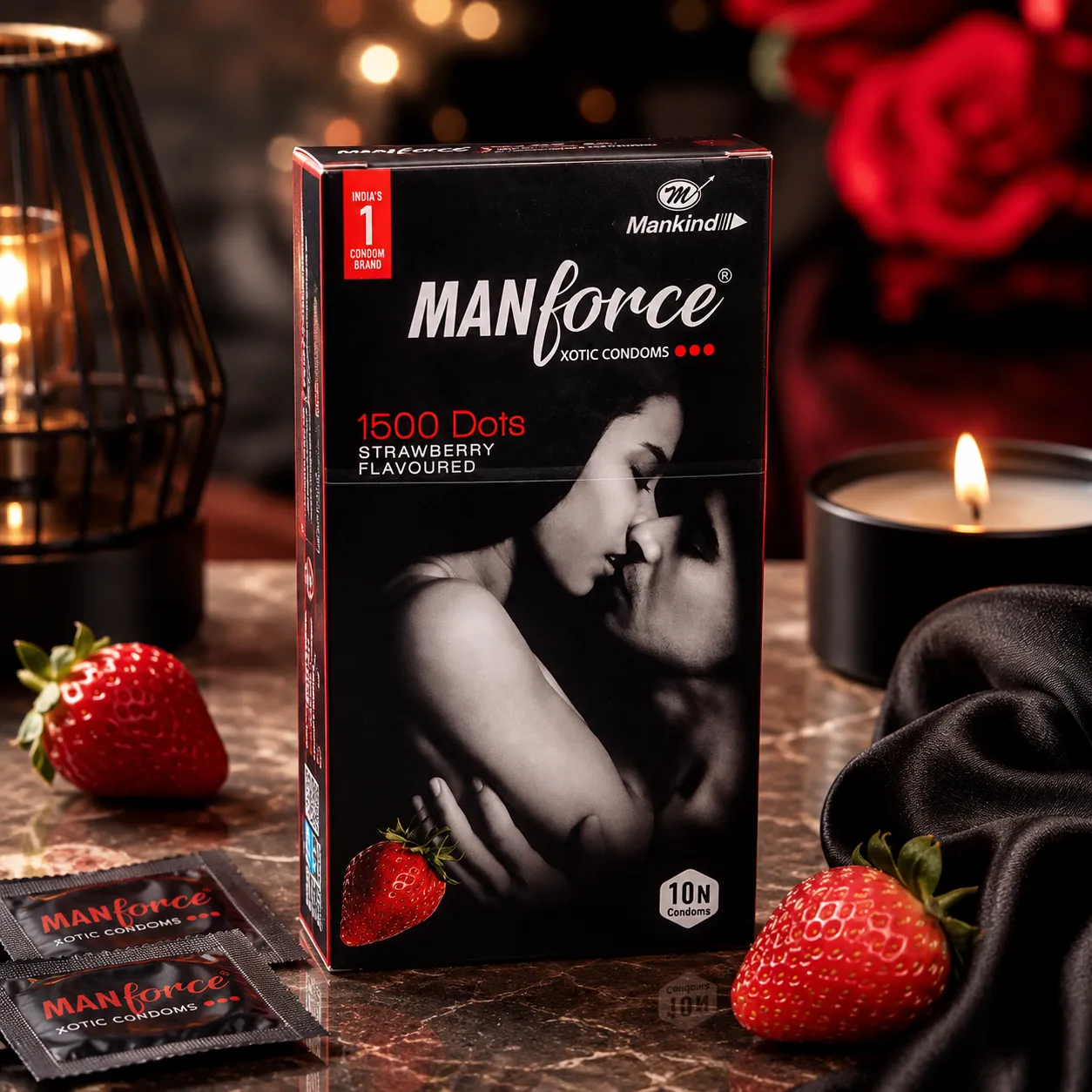 Manforce Xotic Strawberry Flavoured 1500 Dots Lubricated Latex Condoms Pack of 10
