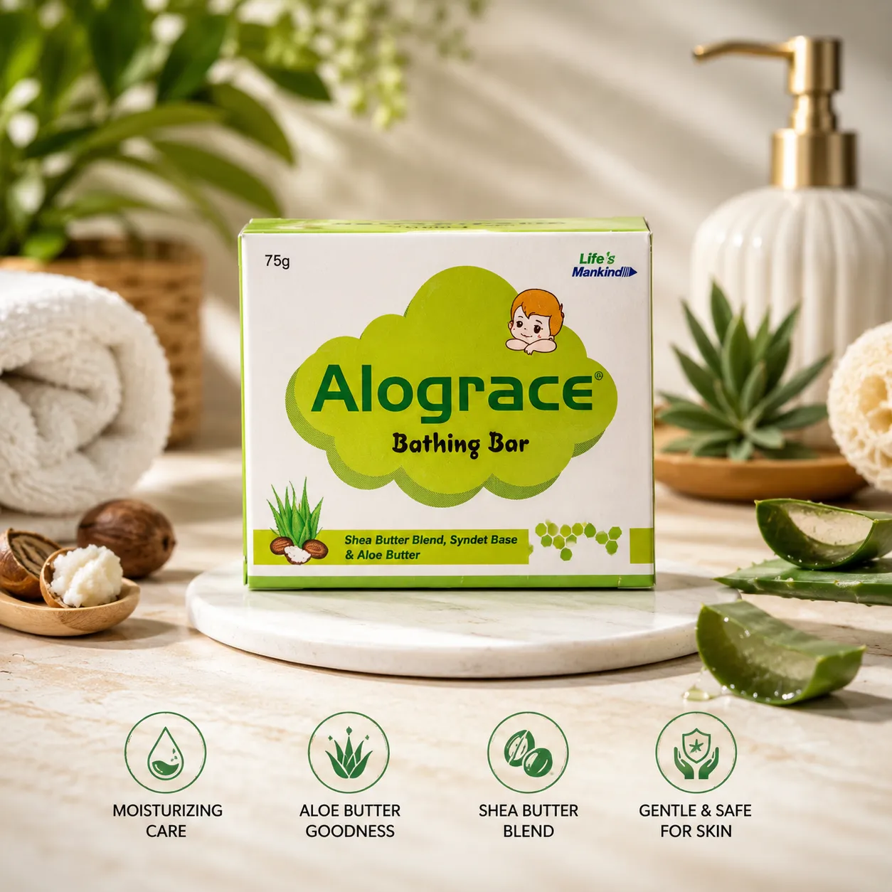 Alograce Bathing Bar 75g with Shea Butter Blend Aloe Butter and Syndet Base