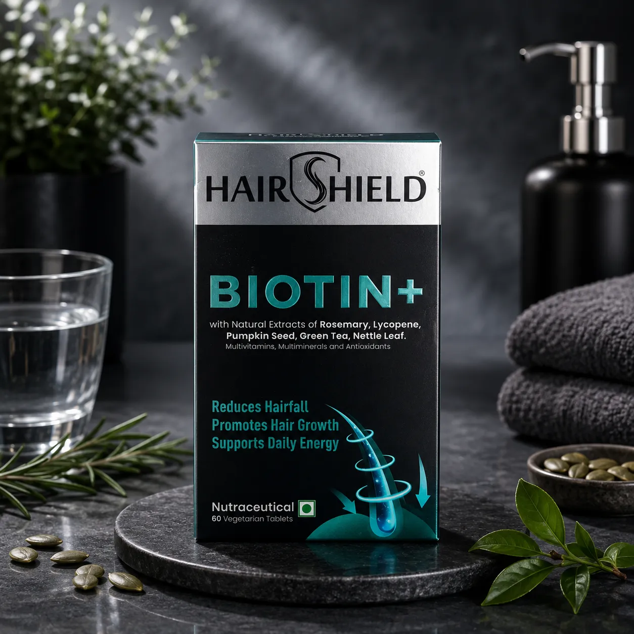 HairShield Biotin Plus Hair Nutrition Tablets with Rosemary Lycopene Pumpkin Seed Green Tea Nettle Leaf 60 Vegetarian Tablets