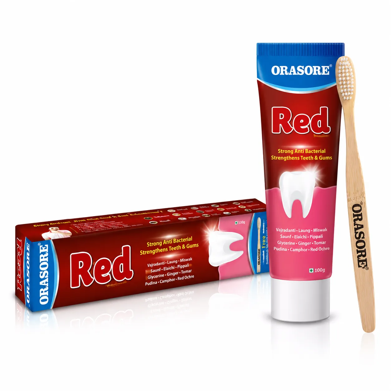 ORASORE Red Ayurvedic Toothpaste 100g with Free Bamboo Toothbrush