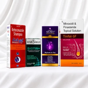 Hair Care Combo Pack – Ketojet 2% Shampoo 110ml, Hairshield Biotin+ 30 Tablets, Signet Hair Serum 50ml & Tinfal-5F 60ml