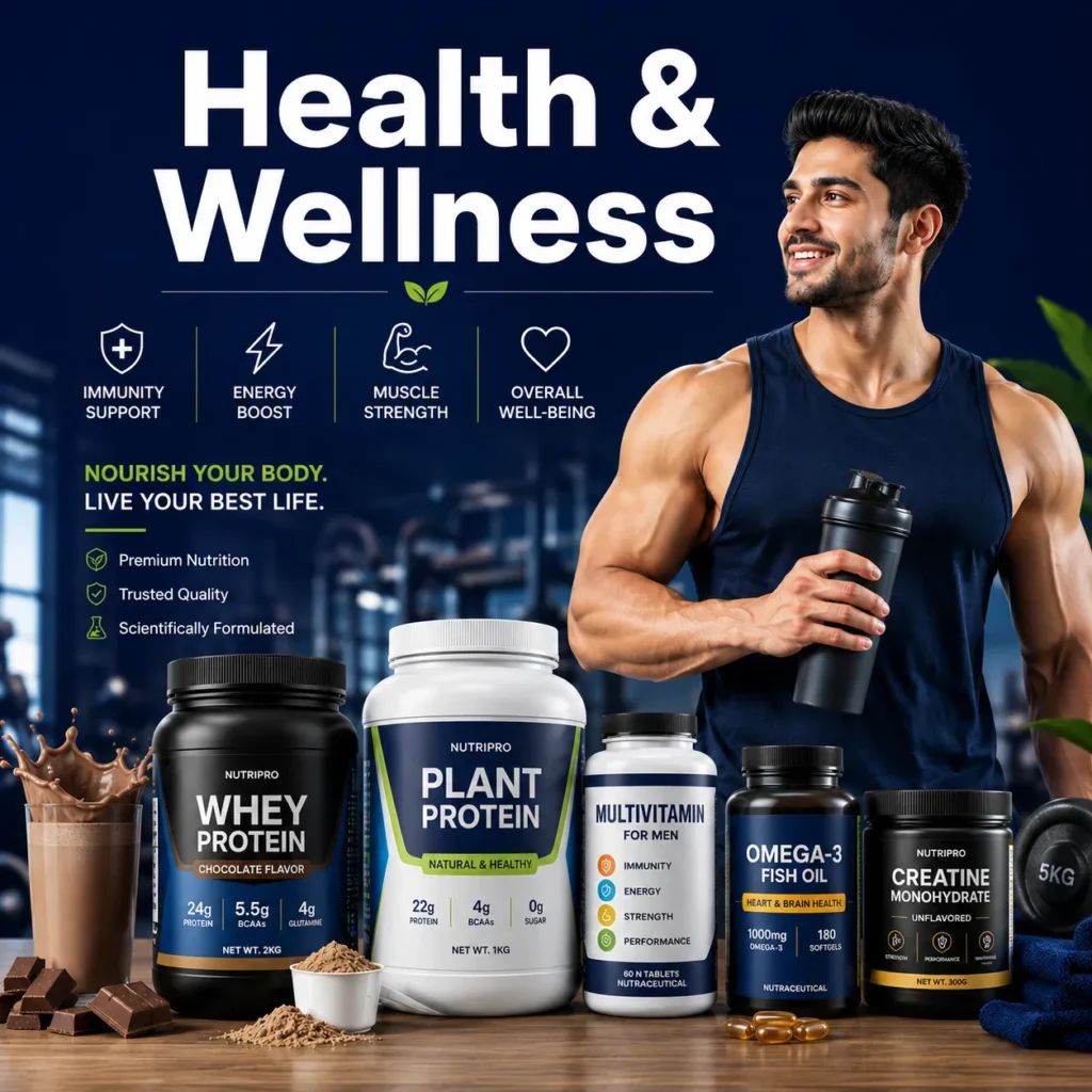 Premium health and wellness supplements including whey protein, plant protein, multivitamins, omega-3 fish oil, creatine, and fitness nutrition products for an active lifestyle at Shree Krishna Mart.