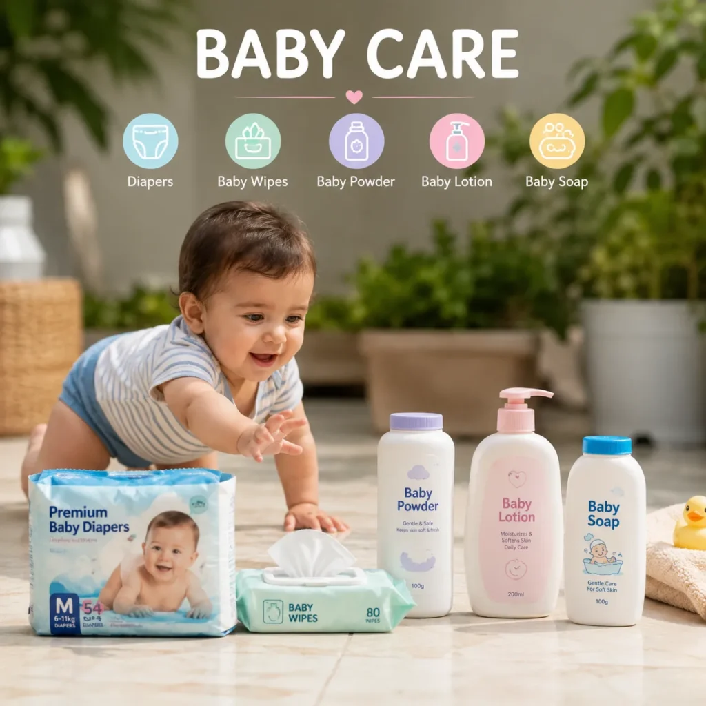 Happy baby crawling towards baby care products including diapers, baby wipes, baby powder, baby lotion and baby soap at Shree Krishna Mart.