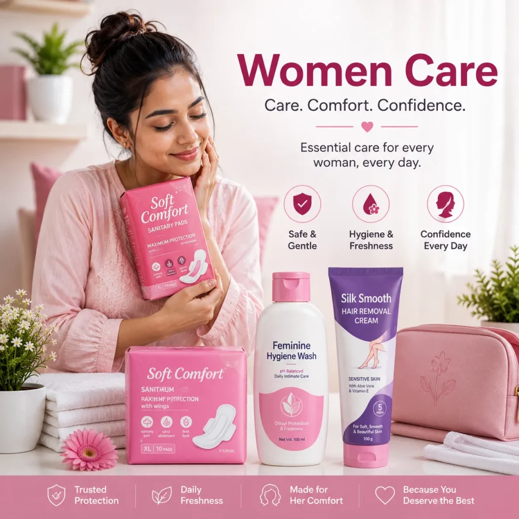 Woman holding sanitary pads with feminine hygiene wash and hair removal cream products for women care available online at Shree Krishna Mart.
