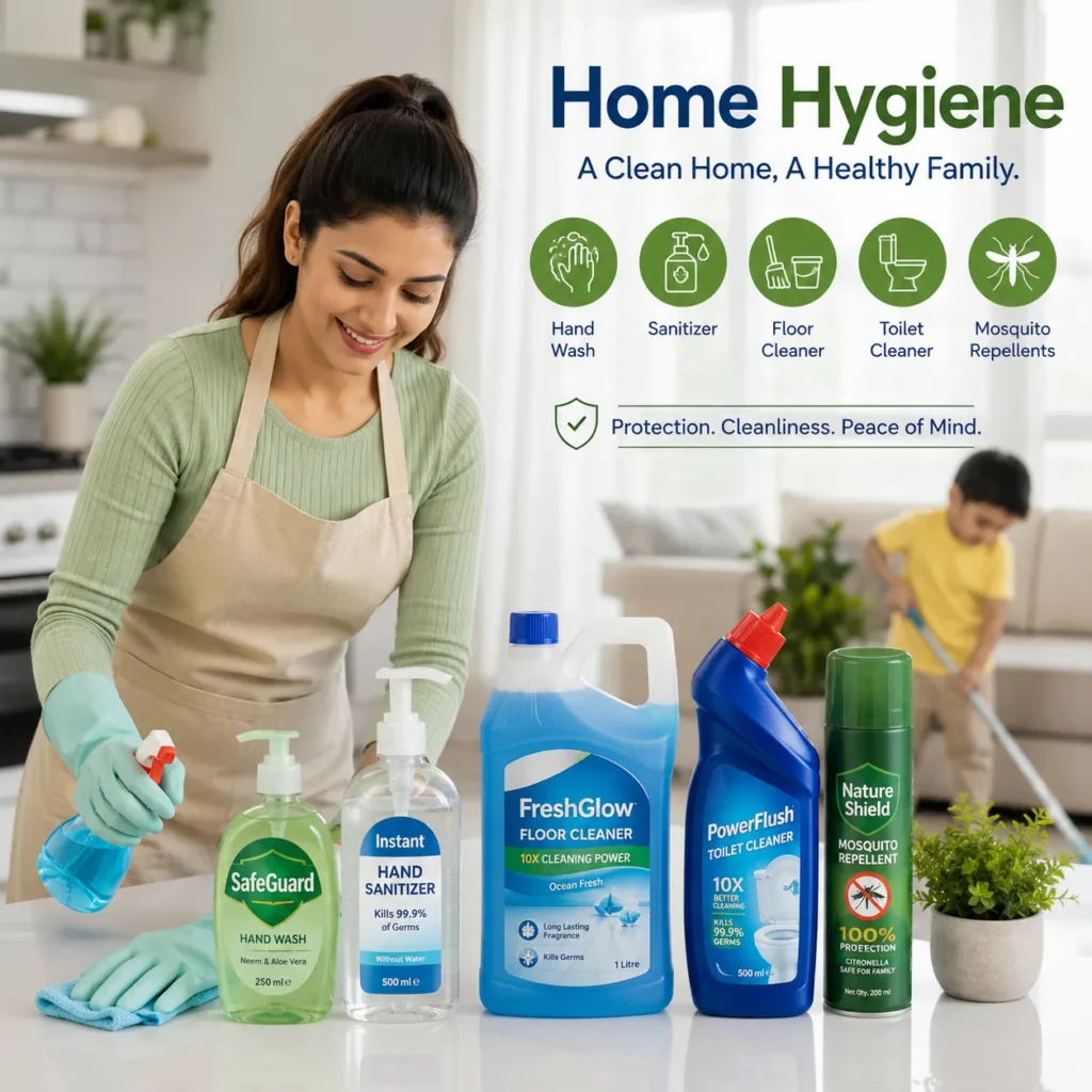 Woman cleaning her home with home hygiene products including hand wash, hand sanitizer, floor cleaner, toilet cleaner, and mosquito repellent available at Shree Krishna Mart.