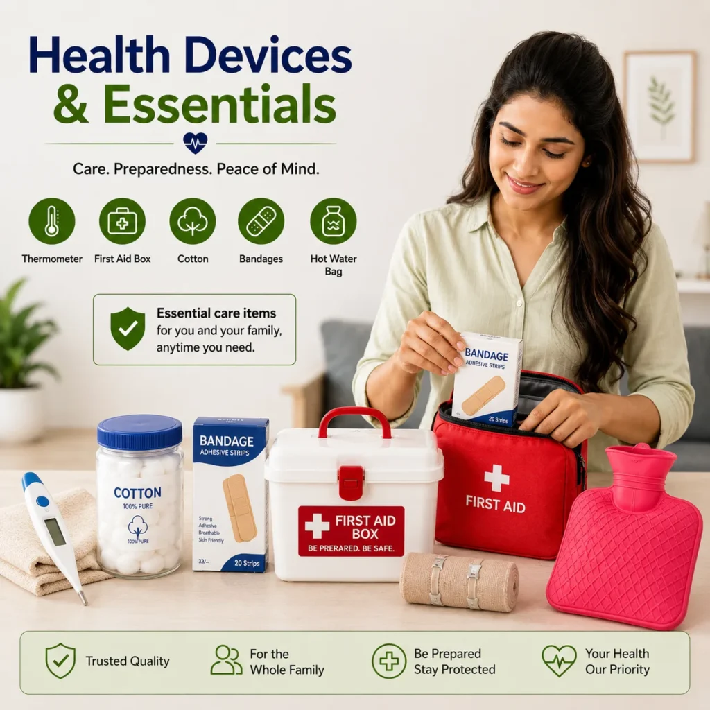 Woman organizing health devices and medical essentials including thermometer, first aid box, cotton, bandages, and hot water bag available at Shree Krishna Mart.