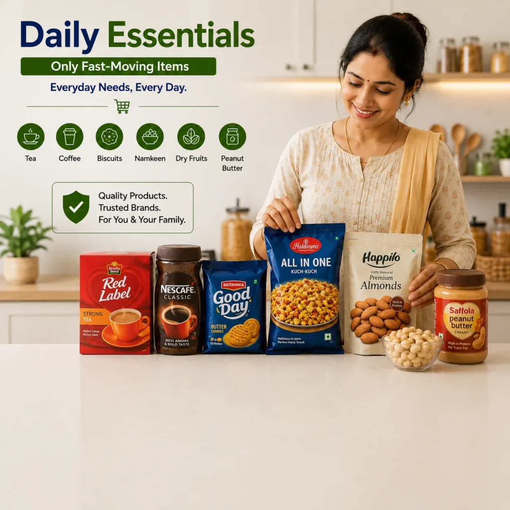 Indian housewife arranging daily essential grocery products including tea, coffee, biscuits, namkeen, dry fruits, and peanut butter in a modern kitchen at Shree Krishna Mart.